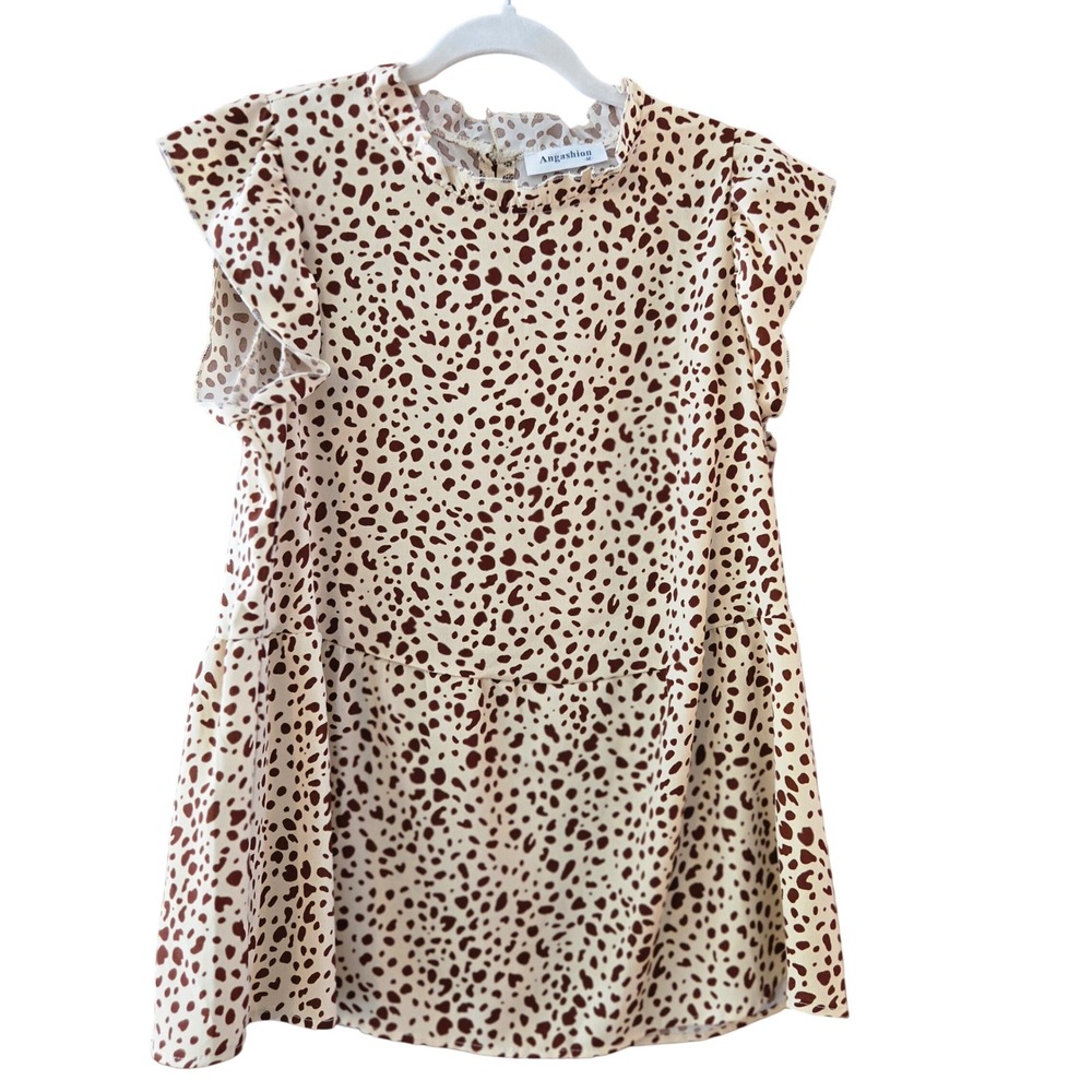 Angashion Women M Dalmatian Print Ruffle Sleeve Mock Neck Blouse Top